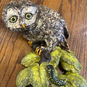 Vintage unique Charming Owl Figurine with Green Leaves